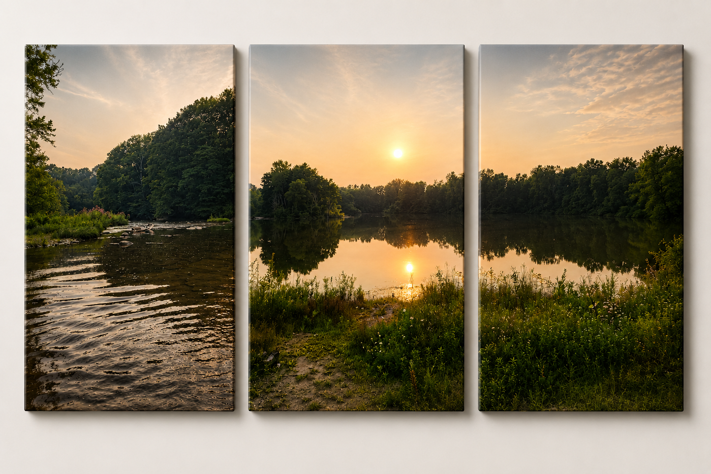 Golden Reflections – 3-Piece Lake Sunset Canvas Wall Art Set