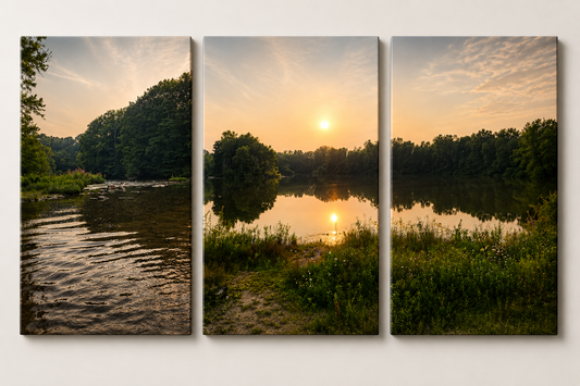 Golden Reflections – 3-Piece Lake Sunset Canvas Wall Art Set